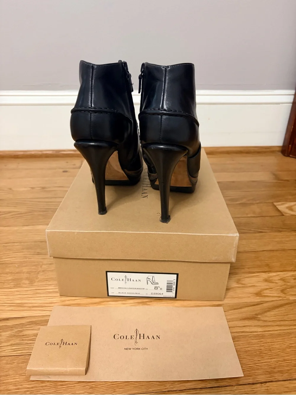 Cole Haan Black Leather and Suede Platform Ankle Booties